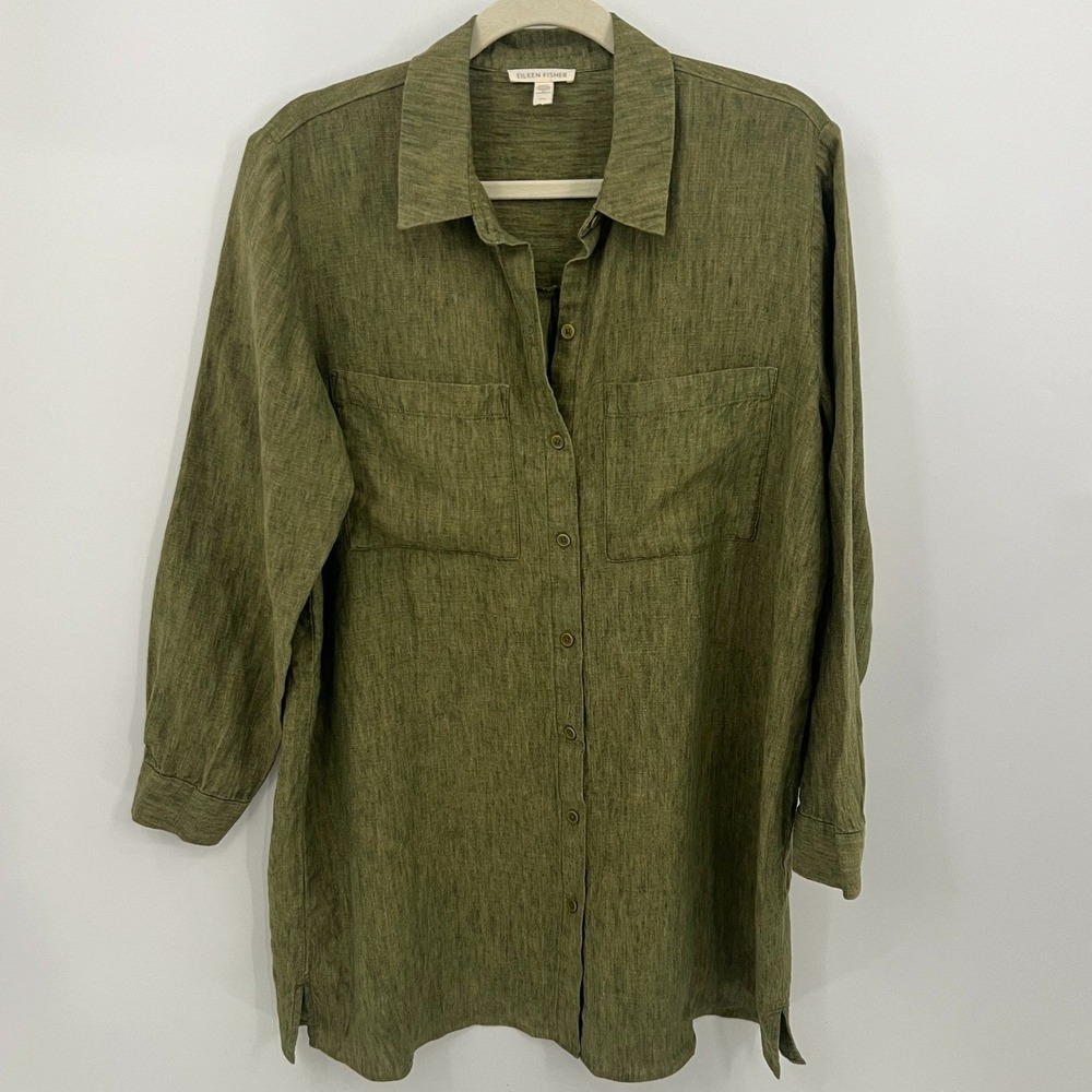 Eileen Fisher Chartreuse Green Organic Linen Button Down Tunic Shirt Medium